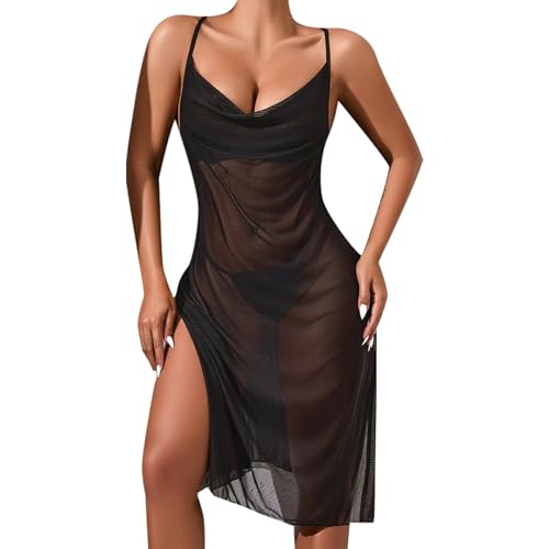 CEWIFO Elegante camisón de encaje transparente con cuello en V profundo, sin mangas, con bordado floral, ropa interior seductora, Negro , S