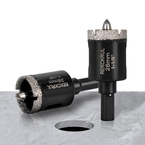 Image of 1-1 /8 Inch Diamond Hole Saw with Pilot Drill Bit 2PCS | Premium Tile Hole Saws Porcelain, Ceramic, Granite, Marble, Glass , 1-3 /8 inch Cutting Depth, Serrated Edge Wet /Dry Use (28mm)