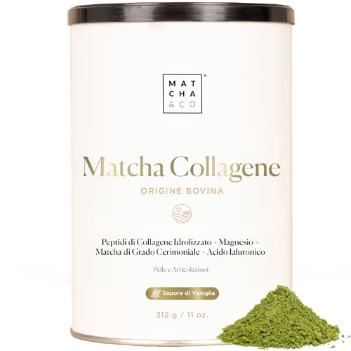 Collagene con magnesio, tè Matcha e acido ialuronico. Articolazioni, pelle e unghie. 300 g di collagene matcha in polvere. Senza glutine, senza zuccheri aggiunti e senza OGM.