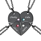 4 Piece Matching Friendship Heart Necklaces Customized Black BFF Necklace Set with Birthstones Personalized Best Friend Name Puzzle Pendants Stainless Steel Engraved Jewelry Gift for Family Teen Girls