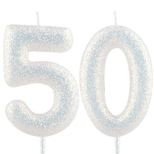 Cxryrzhe Birthday Candle Number 50 White Iridescent 50th Glitter Birthday Candles Cake Topper Decorations for Party Celebration Decor Supplies