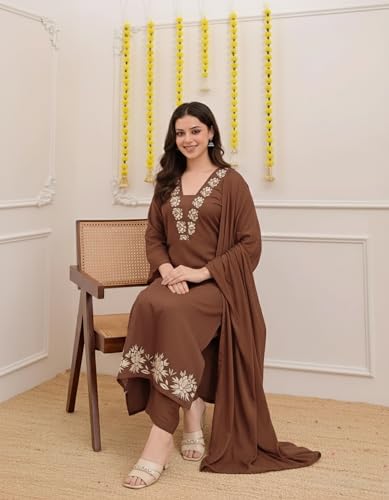 Image of ANNI Designer Pure Cotton Embroidered Kurta Set for Women | Rust Orange Kurta with Pants & Dupatta | Floral Neck & Hem Embroidery | Cotton Kurta Set for Women | 10 Colour Options Available