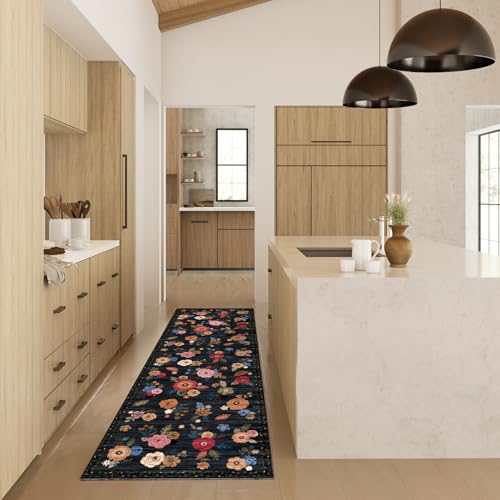 Machine Washable Runner Rug for Hallway: 2'6"x8' Kitchen Runner Rugs with Rubber Backing Non Slip Stain Resistant Floral Floor Rug Soft Carpet Runners for Indoor Entryway Bedroom Bedside Living Room