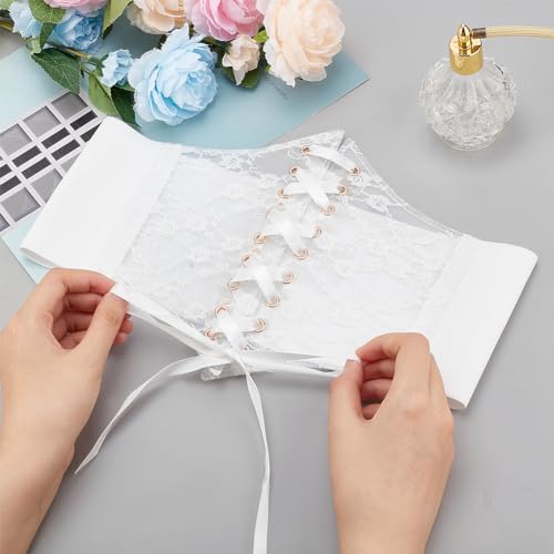 MAYJOYDIY White Vintage Lace-up Elastic 4.72~7.87inch Wide Corset Waist Belt for Women Transparent Lace Crochet Petal Ribbon Tied Waspie Belt for Party Club Prom Dress Shirts Clothing Waistband4