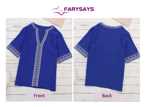 FARYSAYS blusa feminina de verão Boho bordada gola V manga curta casual blusa solta, W-blue, XX-Larg