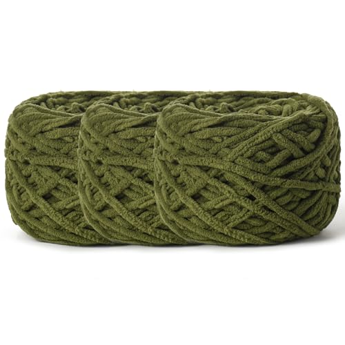 Image of 3 Pack Fluffy Chenille Chunky Yarn for Crocheting 100g(65.6yd) - Baby Yarn for Crocheting Soft - Velvet Yarns for Crochet Blanket - Amigurumi Crochet Yarns (Army Green)
