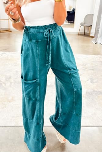 SELINK Casual Pants for Women Mineral Wash Lace-up Elastic High Waist Raw Hem Patched Pocket Solid Daily Trousers4