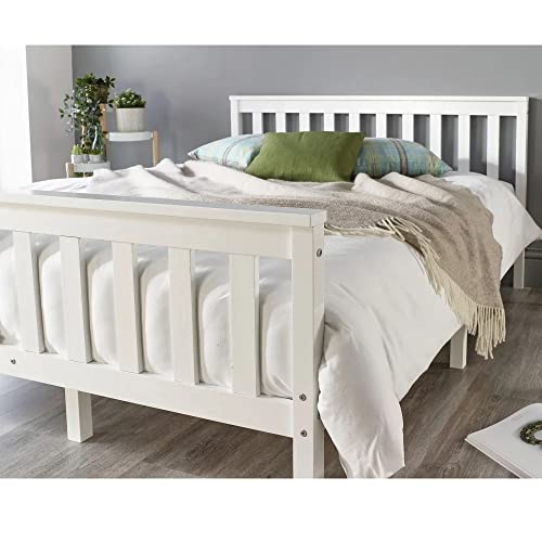 XEO HOME 4ft Small Double Wooden Bed, Pine Wood Bed Frame With Mattress White Finished Solid Headboard High Foot end Bedroom Furniture Sprung Memory Foam Mattress (SML DBL Bed With Mattress)