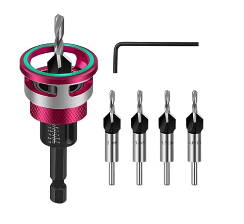 Image of Countersink Drill Bit Set of 6 with Depth Stop Collars, 1/4 Inch Hex Shank HSS Wood Drill Bits for Precise Screw Sinking - 2.8, 3.2, 3.5, 4 mm Sizes (Red)