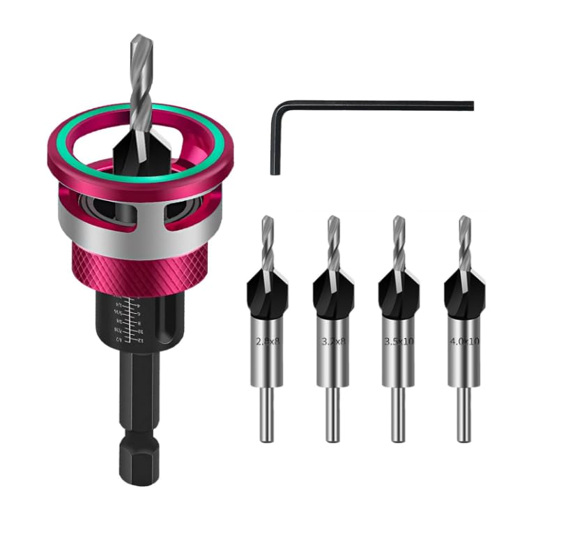 Countersink Drill Bit Set of 6 with Depth Stop Collars, 1/4 Inch Hex Shank HSS Wood Drill Bits for Precise Screw Sinking - 2.8, 3.2, 3.5, 4 mm Sizes (Red)