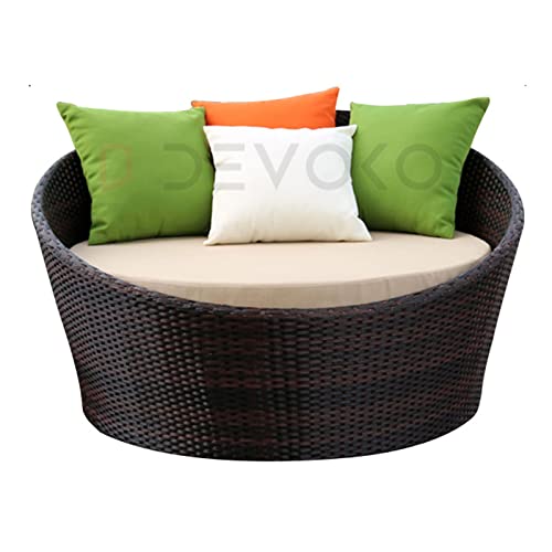 Image of DEVOKO Outdoor Pool Side, Garden, Balcony, Porch, Backyard, Terrace, Patio, Beach Round Sofa Wicker and Rattan Daybed Furniture Set (Darkbrown and Off White