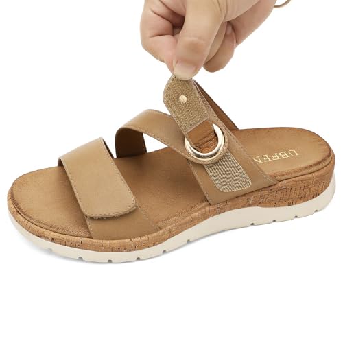 Image of UBFEN Womens Slides Sandals Comfortable Low Wedge Arch Support for Walking | Soft Cushioned Insoles, Adjustable Straps, Slip On for Summer, Casual, Home, Quick Outings