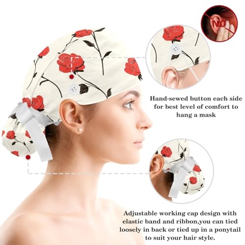 Image of Red Blooming Rose Flowers Black Working Cap with Scrunchy and Ribbon Tie for Women, Long Hair