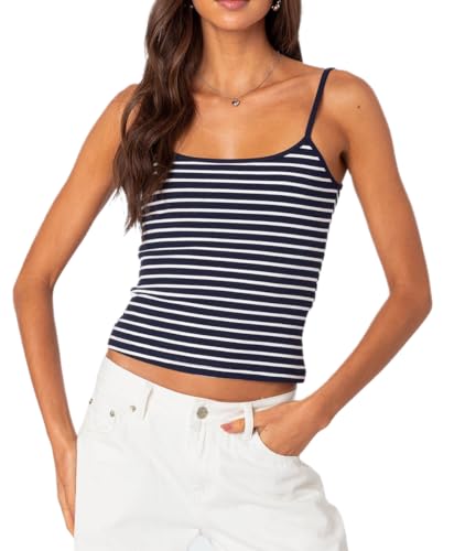 Women Y2k Summer Striped Cami Tops Spaghetti Strap Backless Slim Fit Tank Top Aesthetic Sleeveless Going Out Tops(Blue,S)