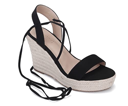 Image of Women's Wedge Platform Espadrille Open Toe Lace-Up Sandals, Cross Strap Wedge Sandals Summer Espadrilles Ankle Strap Buckle Platform Sandals