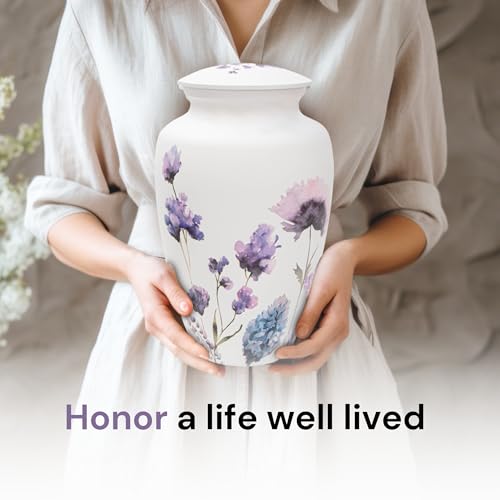 Image of Cremation Urns for Human Ashes Adult Female | Human Urn for Ashes for Women | Decorative for Cremation, Funeral, Burial, Home | Handcrafted Large Size - Purple Flower