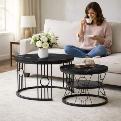 Image of Modern Nested Coffee Table Set of 2 | Round Marble Finish Tabletop with Metal Base | Luxury Center Table for Living Room, Lounge & Office (Ring Black Black)