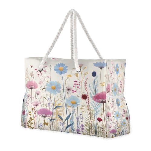 Colorful Wild Flowers Beach Bag & Travel Tote Bag Large Sandproof Wet Pouch for Gym Travel, Lightweight Outdoor Bag