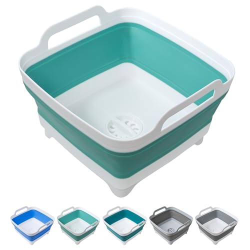 Dishpan for Washing Dishes, 2.4Gal/9L Wash Basin with Draining Plug Carry Handles, Collapsible Bucket for Cleaning, Portable Sink, Foldable Plastic Tub