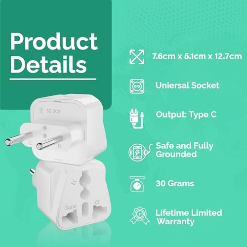 Image of rts EU Euro Europe Plug Adapter, Grounded European Travel Adapter for Spain Germany France Portugal Greece Russia Netherlands Turkey More for Cell Phones, Laptop Camera Chargers (1 Pack) White