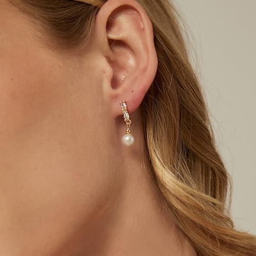 Gold Pearl Earrings for Women, 14K Real Gold Plated Freshwater Pearl Dangle Earrings Dainty Bridal Earring Wedding Jewelry Bridesmaid Gifts for Women Girls2