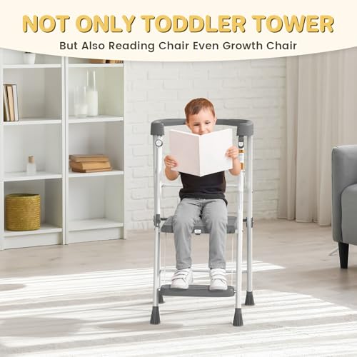 Image of HBTower Kids 2 Steps Step Stool, Toddler Tower with Anti-Drop Safty Railing, Toddler Kitchen Stool Helper for Kitchen Counter Learning Kids Standing Folding Stepper