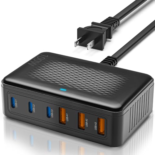 USB C Charger Block,100W GaN 6 Port Fast Charging Station Hub for Multiple Devices,Wall Charger PD 3.0+QC Power Strip Adapter Plug for All iPhone 17 16 15 iPad Samsung iWatch Android Pixel Series