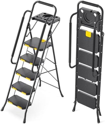 KINGRACK Escalera de Tijera 5 Peldaños Plegable con Pasamanos de Seguridad y Bandeja de Herramientas, Escalera Doméstica con Gran Pedal Antideslizante, Uso Hogar Cocina Despensa Armarios Oficina