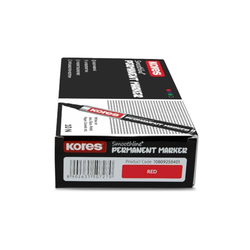 Image of Kores Smoothline+ Permanent Marker Pen, Red | Pack of 10 | Bold, Fade-Resistant & Quick-Dry Ink | Long-Lasting, Non-Toxic, Smooth Writing for Office, School & Home |