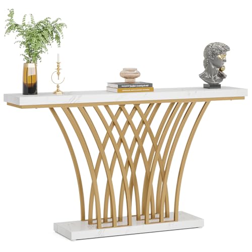 LITTLE TREE Narrow Entryway Console Table,Faux Marble White+Gold