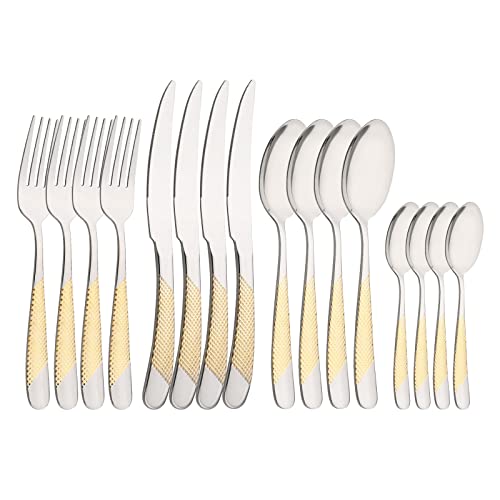 16-Piece Flatware Silverware Set, Uniturcky Silver 18/0 Stainless Steel Cutlery Sets with Gold Handle, Multipurpose Use for Home, Kitchen, Restaurant, Hotel Tableware Utensil Service for 4