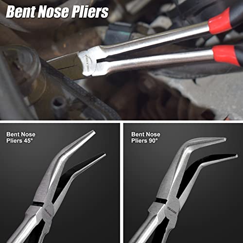 Image of TOOLEAGUE 5Pcs Extra Long Needle Nose Pliers Set, 11 inch Long Reach Straight,45 /90 Degree Bent Nose,Diagonal Pliers and O-shape Tip Craft Repairing Tool