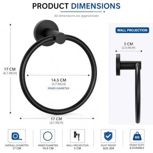 Image of Zollyss Towel Ring for Bathroom | SUS 304 Stainless Steel Hand Towel Holder | Matte Black Wall Mounted Round Towel Hanger | Rust Proof 180 Swivel Wash Basin Towel Ring with Installation Hardware