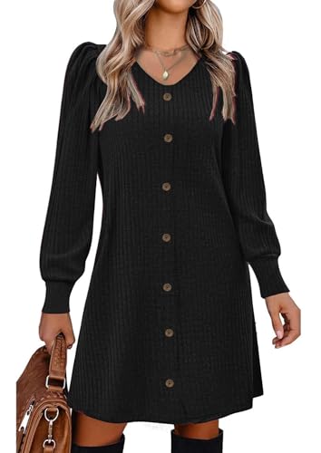 Vossmi Vestidos Punto Casual para Mujer Midi Vestidos de Manga Larga Elegante Dress Cuello en V Invierno,Negro L