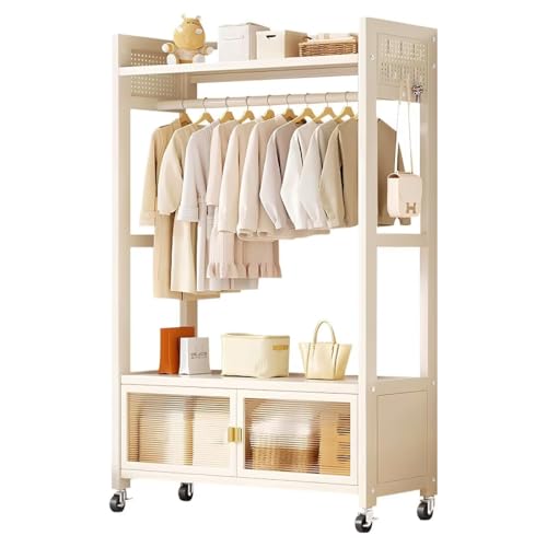 JIALAGESA ハンガーラック ワードローブ コートハンガー 幅80×奥行34×高さ171cm 炭素? PC 洋服ラック ホワイト メタルラック キャスター付き 洋服掛け 頑丈 シングル 防塵 多機能収納 耐荷重115kg