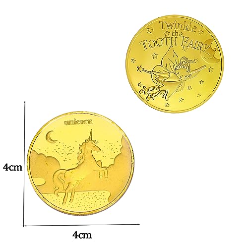 Catelves Zahnfee Münzen Einhorn Zahnfee Geschenke, 2 Stück Zahnfee Goldtaler mit Aufbewahrungstaschen, Goldmünzen Kinder, Geschenk Zahnfee Junge,Zahnfee Geschenke Mädchen