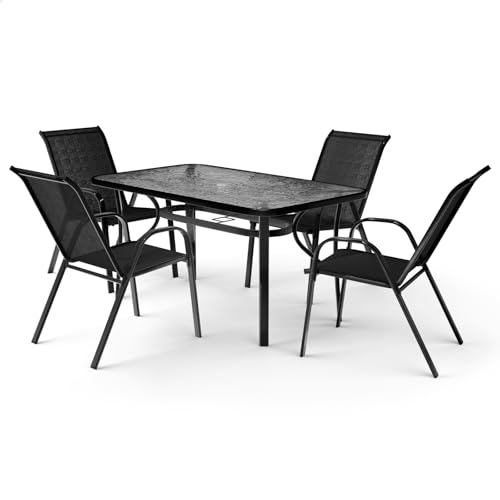 ALFORDSON 5-Piece Outdoor Patio Dining Set, Tempered Glass Top Table, 4 Mesh Stackable Chairs, Parasol Holes, Rust-Resistant Steel Frame, Garden Patio Furniture Sets for Lawn/Balcony/Pool Side, Black