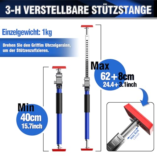 3-H Türspanner Zargenspanner, Teleskopstützen 40-70 cm bis 50 kg, Türzargenspanner Einhandstütze, Montagestütze Höhenverstellbar Stufenlos Türspreizer bis 45°, Stahl Baustütze Teleskopstange (Blau)