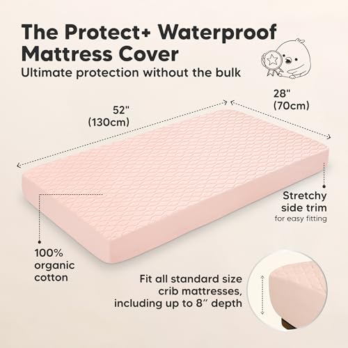 Image of 2-Pack Waterproof Crib Mattress Protector Cover Fitted - Quiet Baby Crib Mattress Pad Sheets, 52 inch x 28 inch Soft Quilted Cotton Baby Sheet, Machine Washable, Easy Fit, Durable (Mist Rose /Mavy)