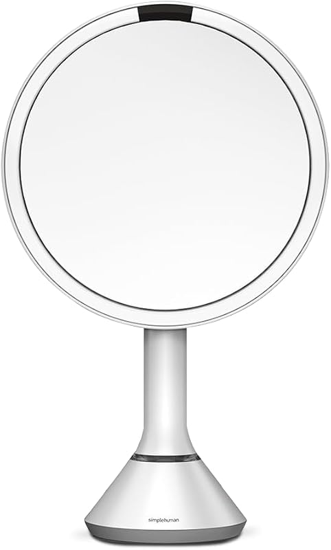 Espelho redondo de maquiagem simplehuman com sensor, controle de brilho por toque, ampliação 5x, recarregável e sem fio, aço inoxidável branco