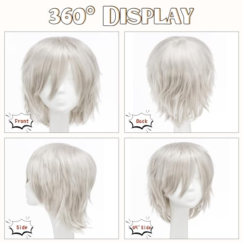 Image of S-noilite Unisex Short Cosplay Hair Wig Women Men's Short Straight Layered Pixie Wig with Bangs for Halloween Costume Anime Party Synthetic Wigs Gray Grey