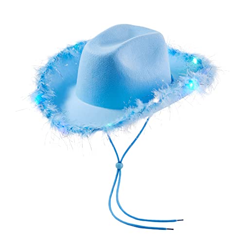 Dubute Sombrero de vaquera para mujer, accesorio de fiesta occidental, disfraz de discoteca, sombrero de vaquero, Luz LED azul, talla única