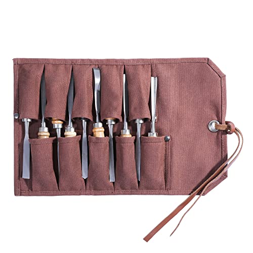 Tool Roll Up Bag with 10 Staggered Tool Pockets, Portable Carry Small Wrench Roll Up Pouch (Brown), 15.5" L x 9.5" H