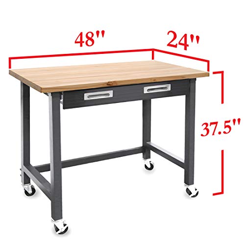 Seville Classics UltraGraphite Wood Top Workbench on Wheels with Sliding Organizer Drawer Table, 48