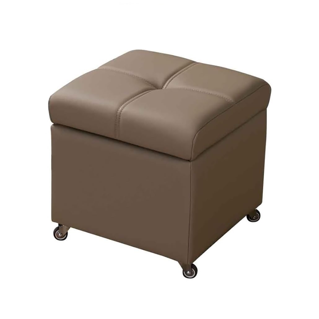 Storage Ottoman Foot Stool with Wheels Thicker Padded Seat Small Leather Storage Ottoman Bench Foot Rest for Living Room Coffee Table Bedroom(Khaki,40cm/15.7in)