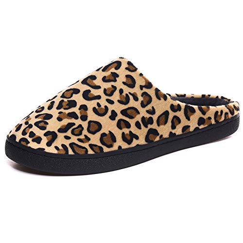 Ziyi Coton Chaussons d'hiver Chaud Confort Leopard Pantoufles d'intérieur en Mousse mémoire Casual Sole Pantoufles pour Femmes Hommes,Jaune,40/41