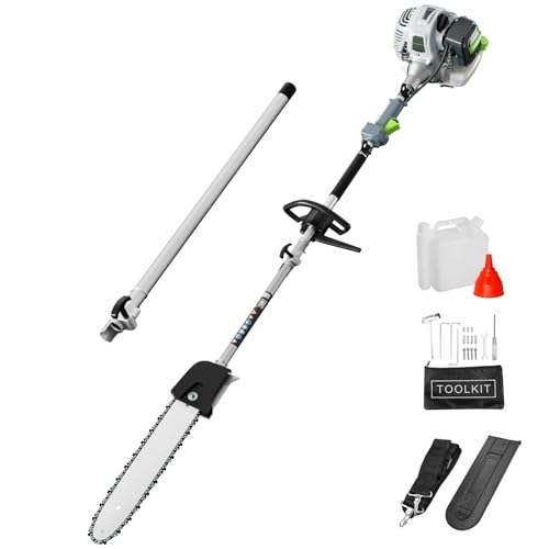 36CC Gas Powered Pole Saw, 2 Stroke Powerful Gas Pole Saw with 10" Guide Bar, 6 to 8.7FT Extendable Long Reach Saw Chainsaw with Safety Lock & Shoulder Strap for Tree Trimming Pruning