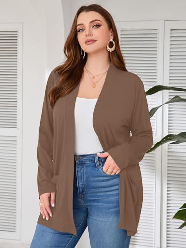 Image of AusLook Plus Size Lightweight Cardigans for Women Open Front Pockets Jacket | 1X-5X,Soft Stretch,Long Sleeve,Longline Coverage,Dress Jeans Layer,Work Travel Style,Spring Fall Wear