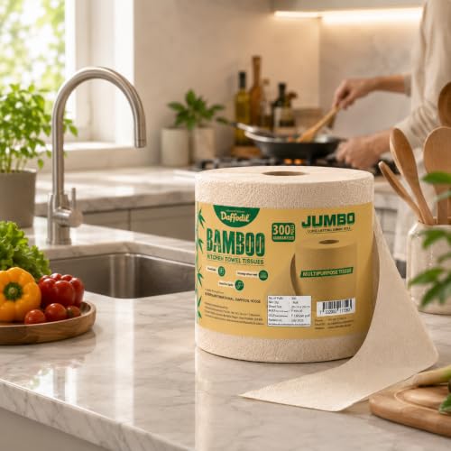 Image of DAFFODIL Jumbo 2 Ply Bamboo Kitchen Towels - 300 Pulls, Pack of 1 Roll | 100% Pure Bamboo Pulp | Eco-Friendly | Super Absorbent | Food Safe | Strong & Soft Disposable Kitchen Tissue Roll