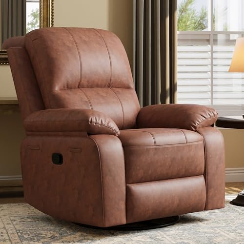 Image of Leather Swivel Rocker Recliner Chair, Traditional Manual Chair, Upholstered Nursery Glider Rocking Recliner, Comfy Faux Leather Single Sofa with Pocket Spring for Living Room, Camel